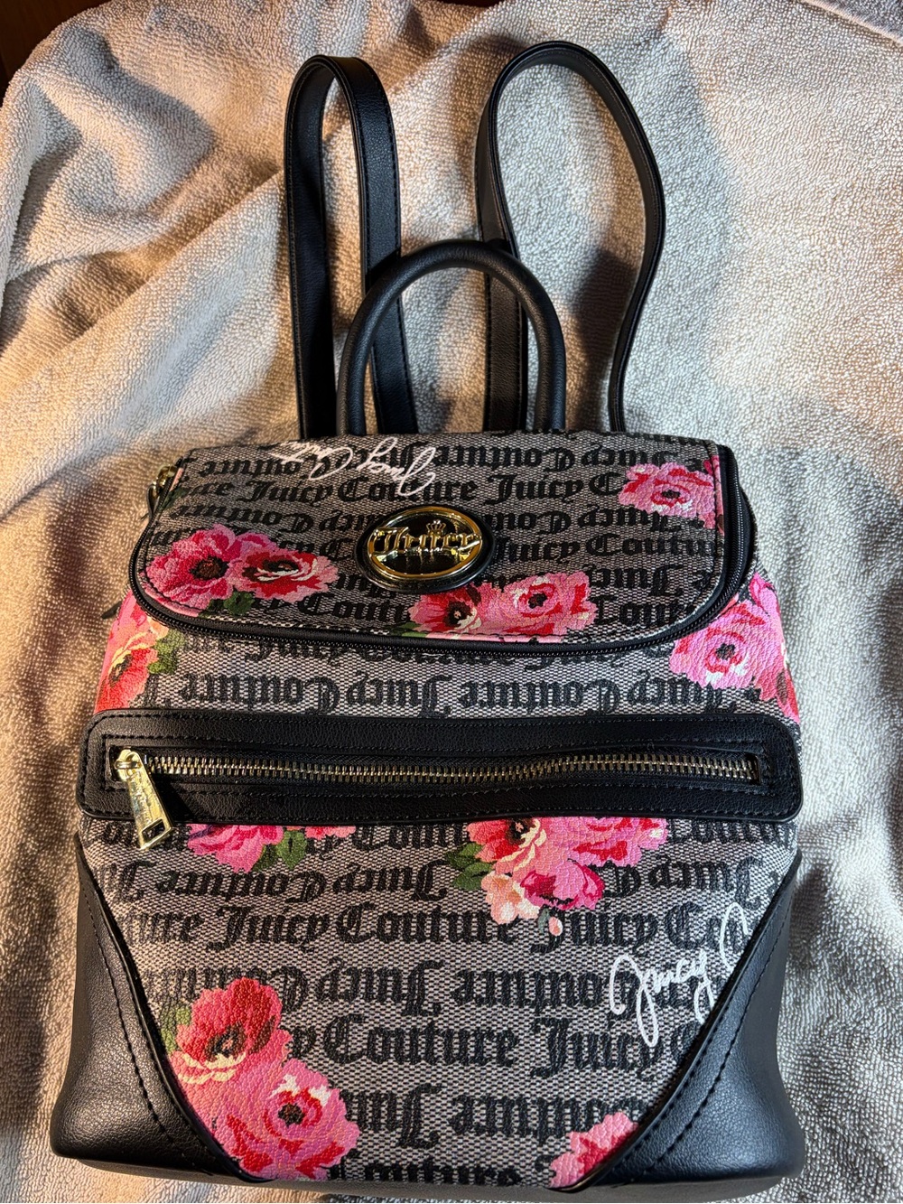 Juicy Couture Black Logo Backpack with Pink Floral Accents